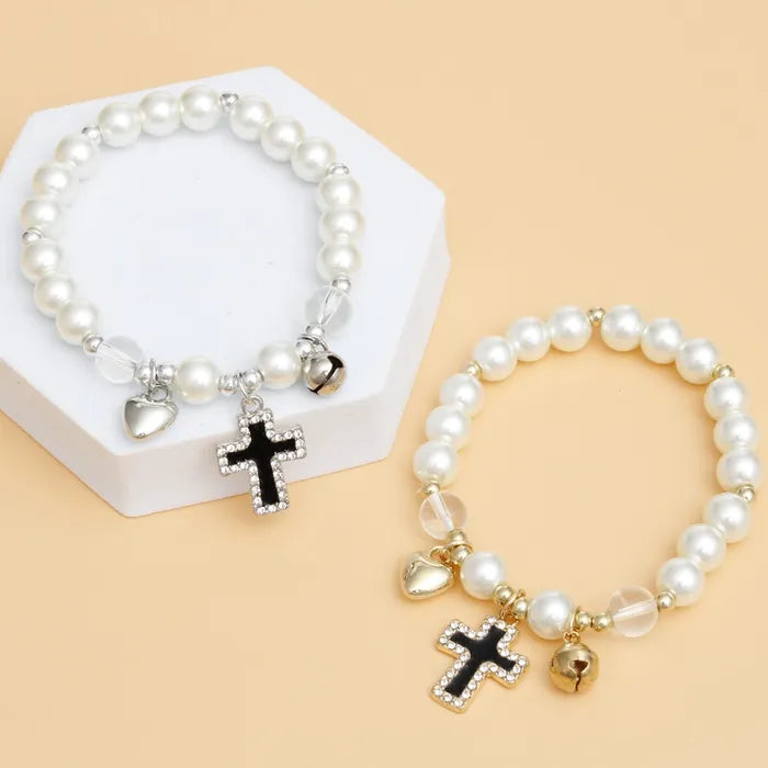 Pearl Cross & Bell Charm Bracelets