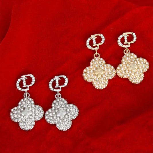 CD and Pearl Quatrefoil Drop Earrings